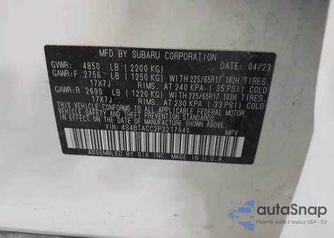 2023 Subaru Outback Premium z USA, uszkodzony, nr VIN 4S4BTACC2P3217940